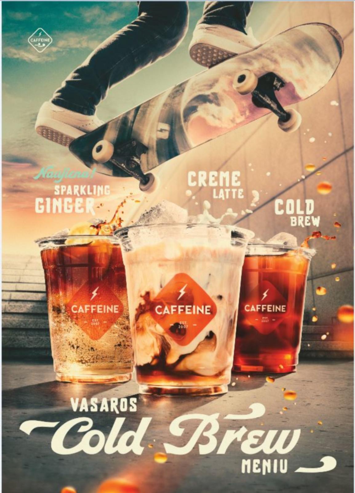 CAFFEINE NAUJIENA SPARKLING GINGE CREME LATTE COLD BREW VASAROS COLD BREW MENIU